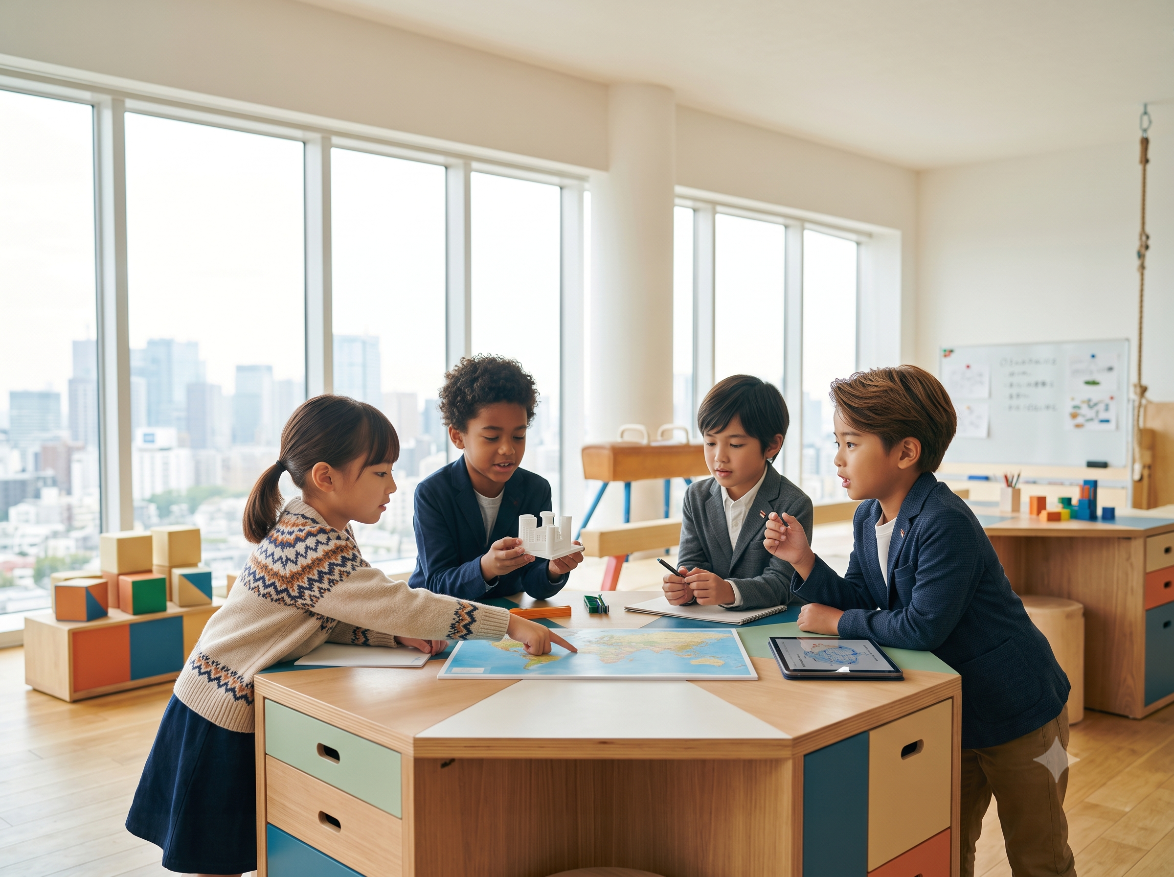 親子で一緒に考えている表情が見えるカット
